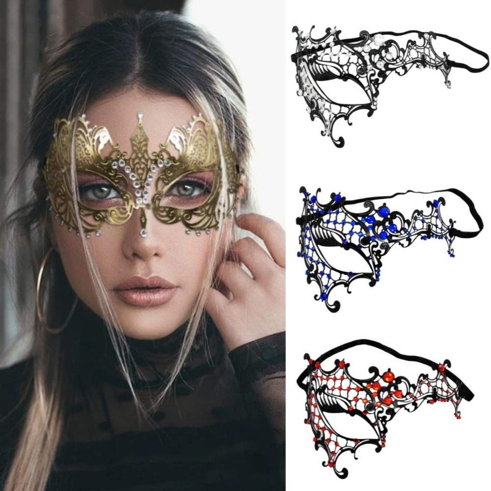 Mask Lanyard Adjustable - หน้ากากฮาโลวีนแบบเวนิส ครึ่งหน้า สายยางยืดแบบวินเทจ หน้ากากโลหะลูกไม้สีดำ หน้ากากเจ้าหญิงงานแฮนด์เมดแบบโปร่ง